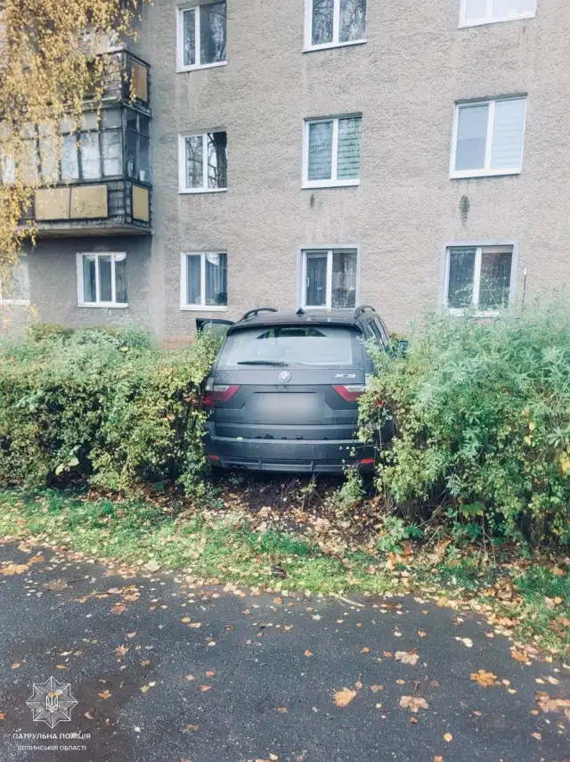 У Луцьку нетвереза жінка без прав за кермом BMW в’їхала в кущі біля будинку