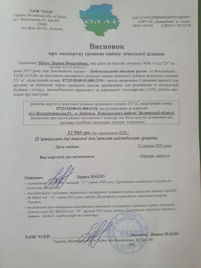 Любомльська міськрада виставила на аукціон два земельні лоти